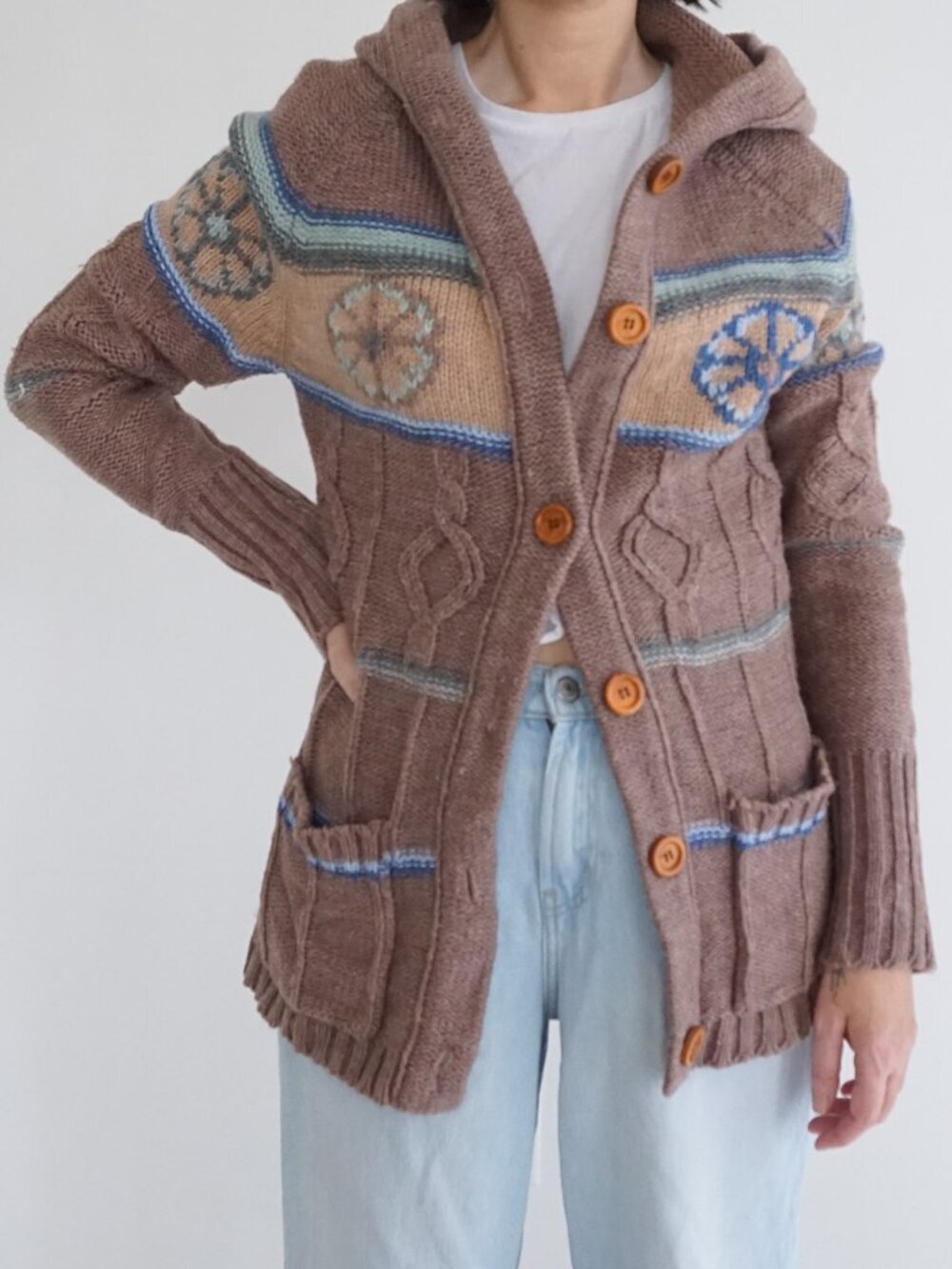 Vintage Evian Jrs Taupe Nordic Hooded Cabin Button Cardigan Sweater M